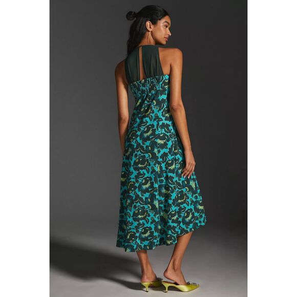 NEW Anthropologie Maeve Mesh Halter Midi Dress Sz Small Turquoise Floral - Picture 3 of 16